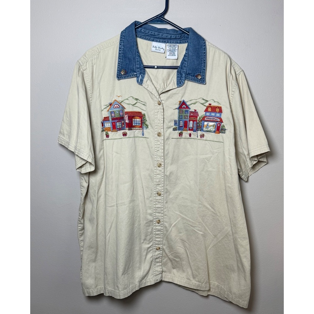 Vtg Bobbie Brooks Woman Flax Beige Embroidered House Denim Collar Shirt 26W/28W